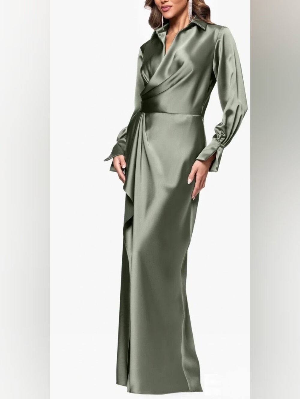 Escape Emery" Satin Long Sleeve Collared Dress